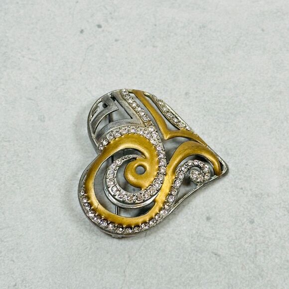 Chicos Brooch Heart Pave Rhinestone Open Work Scroll 2" Mixed Tone Pin Jewelry - Picture 2 of 6